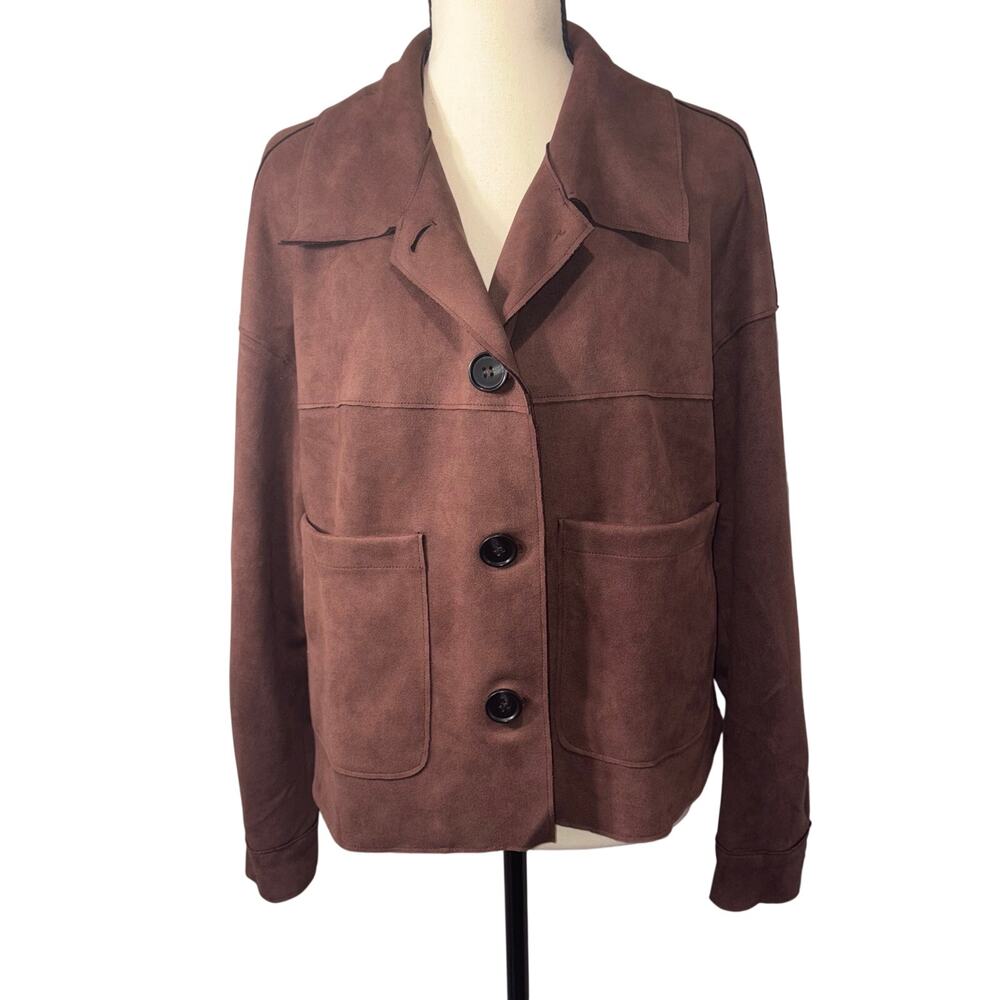 PrettyGarden Faux Suede Button Down Crop Jacket Chocolate Brown Mauve Size M NWT